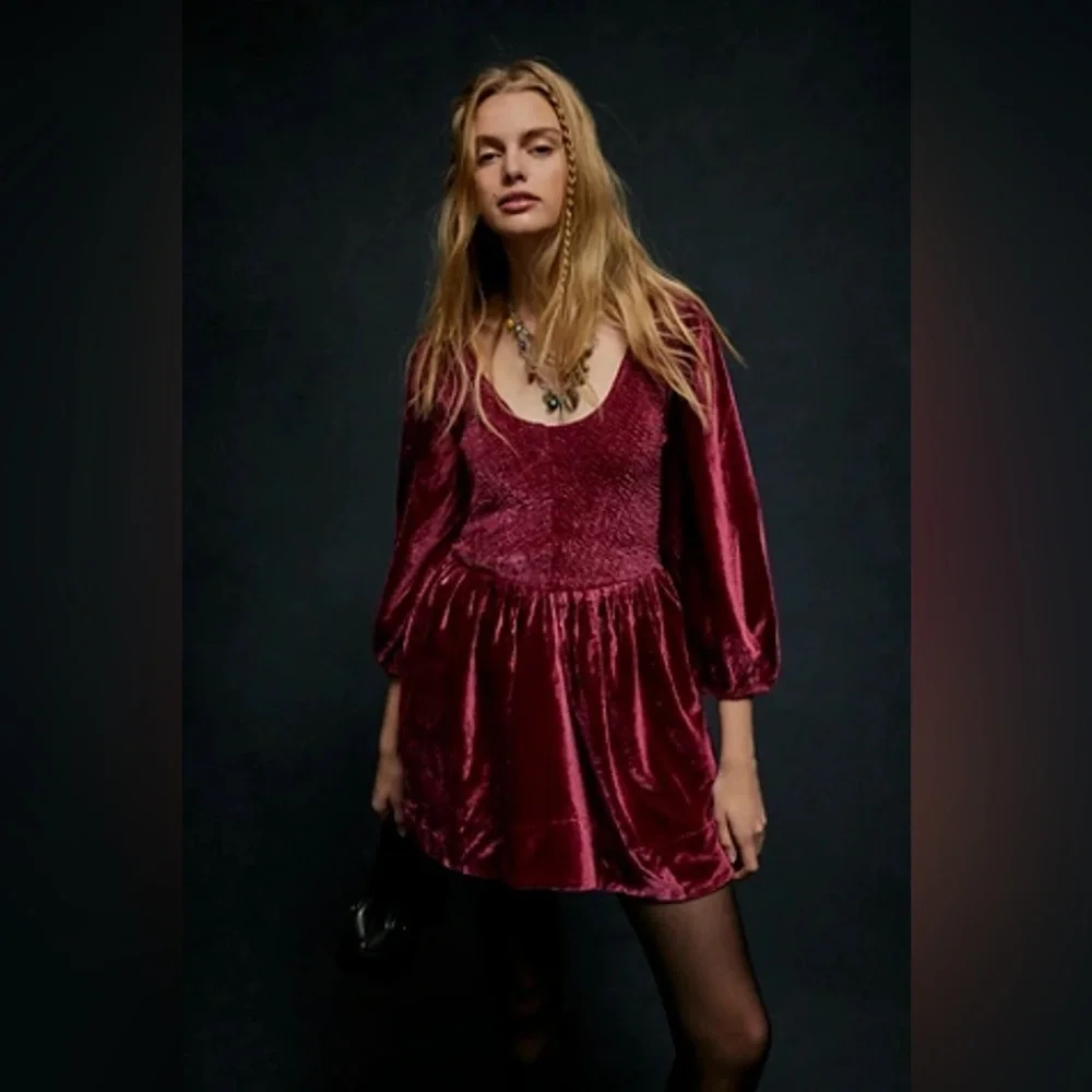 Free People Farrier Velvet Mini Dress in Pink size S new long sleeve - Picture 8 of 9